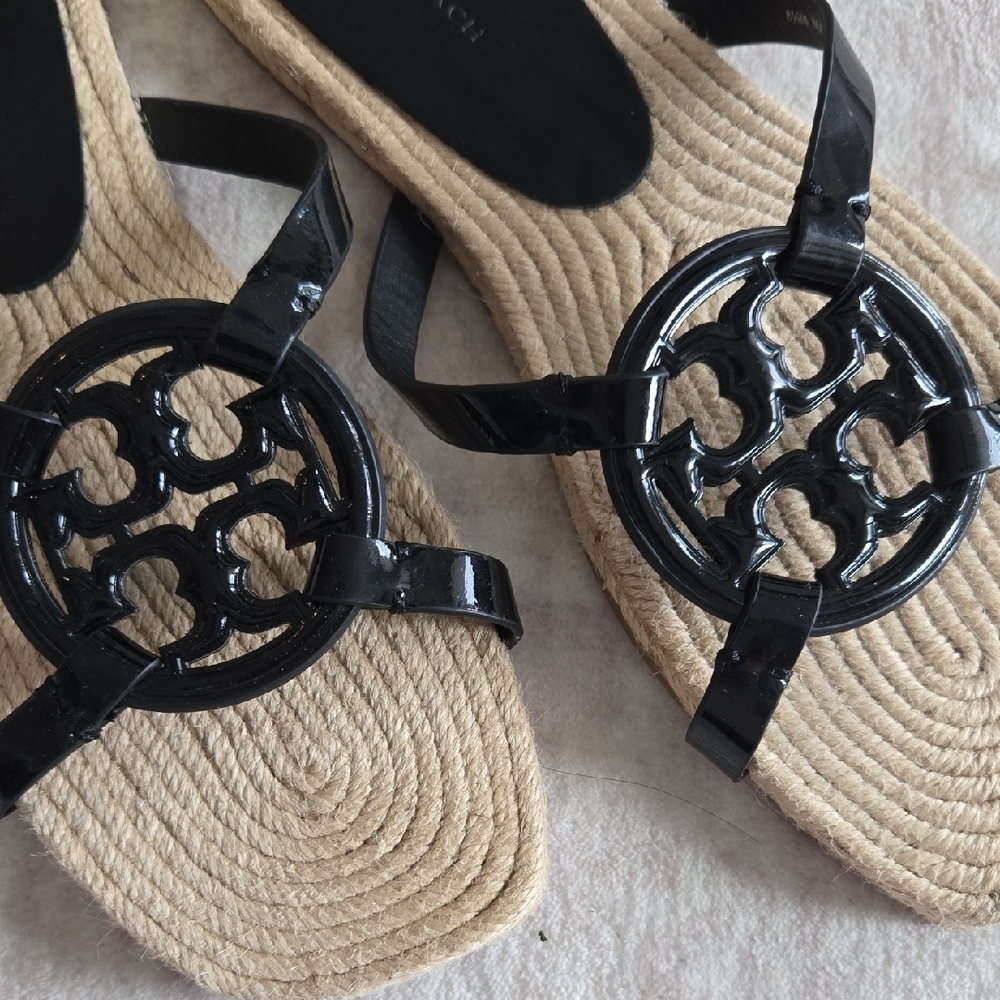 Tory Burch Black Patent Miller Espadrille-Style Slide Sandals - Picture 3 of 4